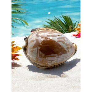 Hand-Carved Cowrie Shell With Fish Design Ocean Water Sea Life Decor Nautical